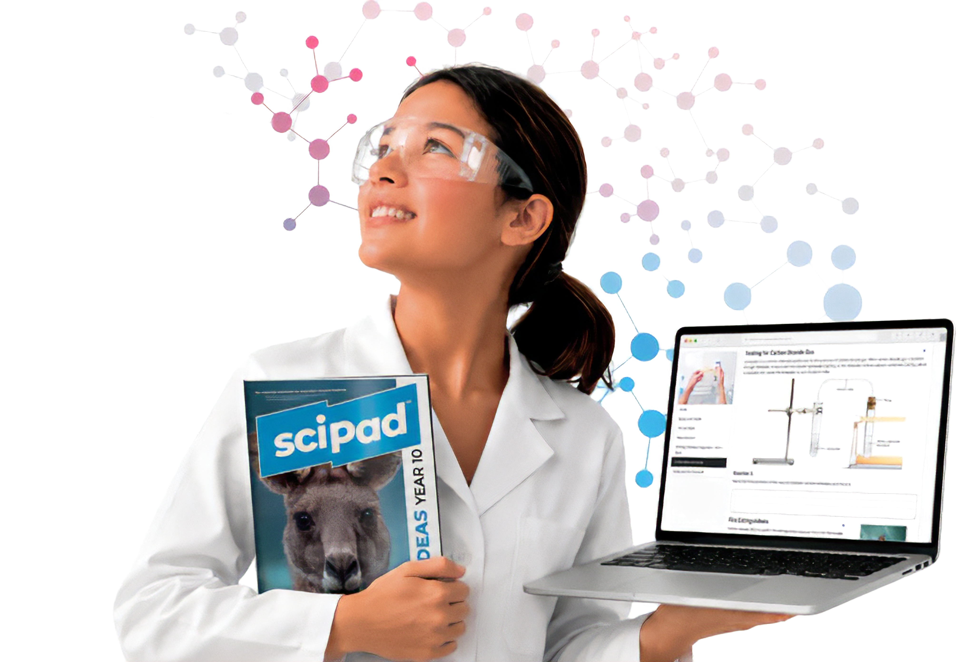 Student holding a Big Ideas sciPAD workbook and a laptop running sciPAD Online